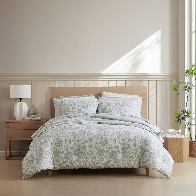 Nautica Jacob Bay Floral Reversible Stripe Cotton Lightweight Coastal Comforter (Green)