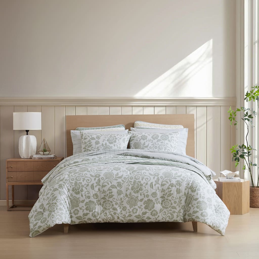Nautica Jacob Bay Floral Reversible Stripe Cotton Lightweight Coastal Comforter (Green)