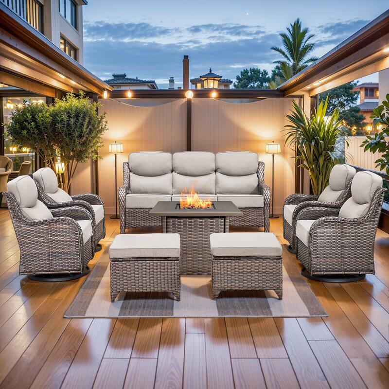Pocassy Outdoor 6" Sofa Swivel Chair Ottoman with Fire Pit Table - Brown Wicker Beige Cushion - 8 Pieces Sofa Chair Ottoman w/ Fire Table