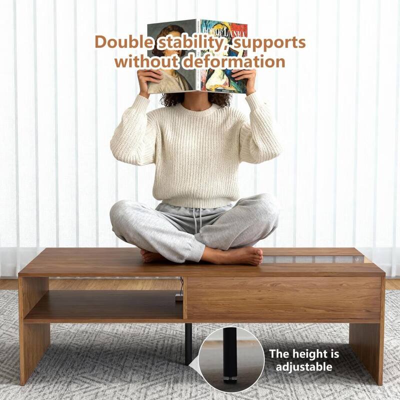 51.1" Wooden Coffee Table with LED Lights, Storage Shelves & Flip-Top - 51.1"Wx27.5"Dx15.8"H