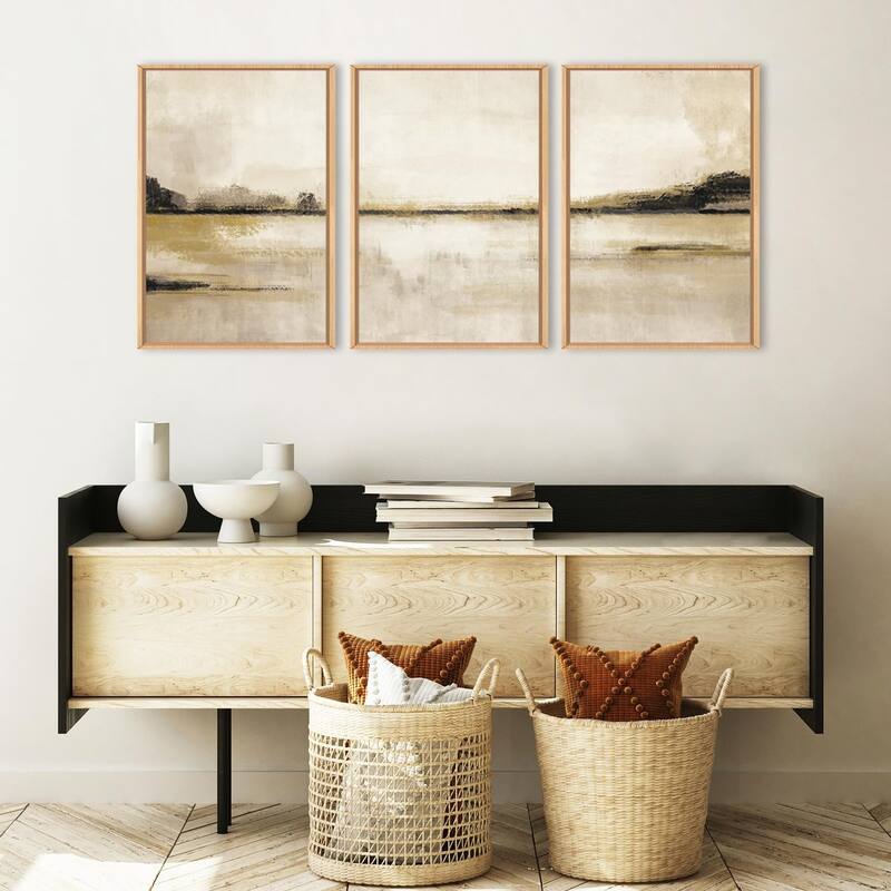 Abstrcat Mountain Lake Wall Decor, Neutral Tan Scenery Wall Painting