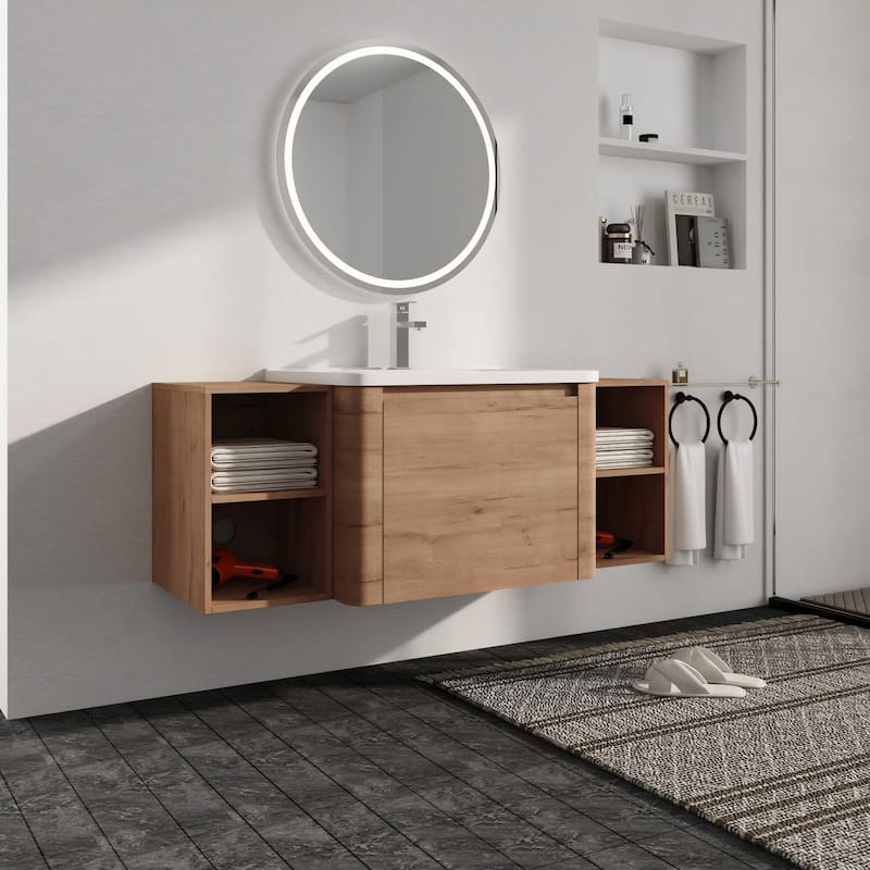 Malwee 28"/40"/52"/68" Floating Bathroom Vanity, Wall Mounted Bathroom Vanity with Ceramic Sink,Soft Close Door and Shelf