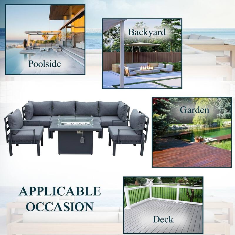 Chelsea 7-Piece Outdoor Patio Sectional Set with Firepit Table in Black Aluminum for Backyard Garden and Patio Deck