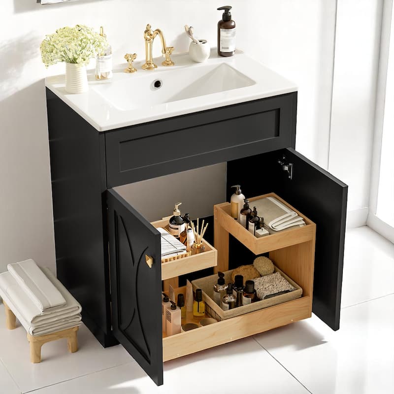 30 Inch Modern Bathroom Vanity with Sink, Solid Wood Frame, Undermount Basin, Storage Rack & 2 Doors