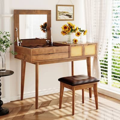 43.3" Classic Solid Wood Makeup Vanity Set with Flip-top Mirror and Stool, Dressing Table with Three Drawers and Storage Space