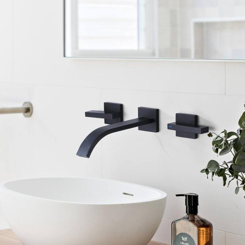 Double Handle Waterfall Wall Mounted Bathroom Faucet in Matte Black - Matte Black