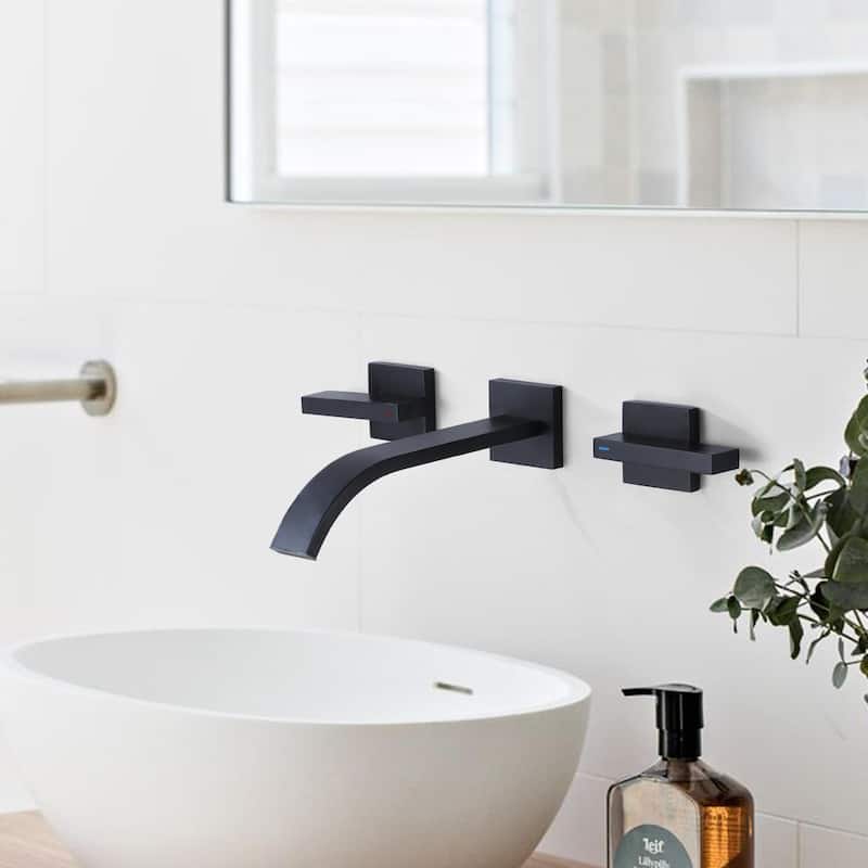 Wall Mounted Solid Brass 2-Handle Waterfall Bathroom Faucet in Matte Black