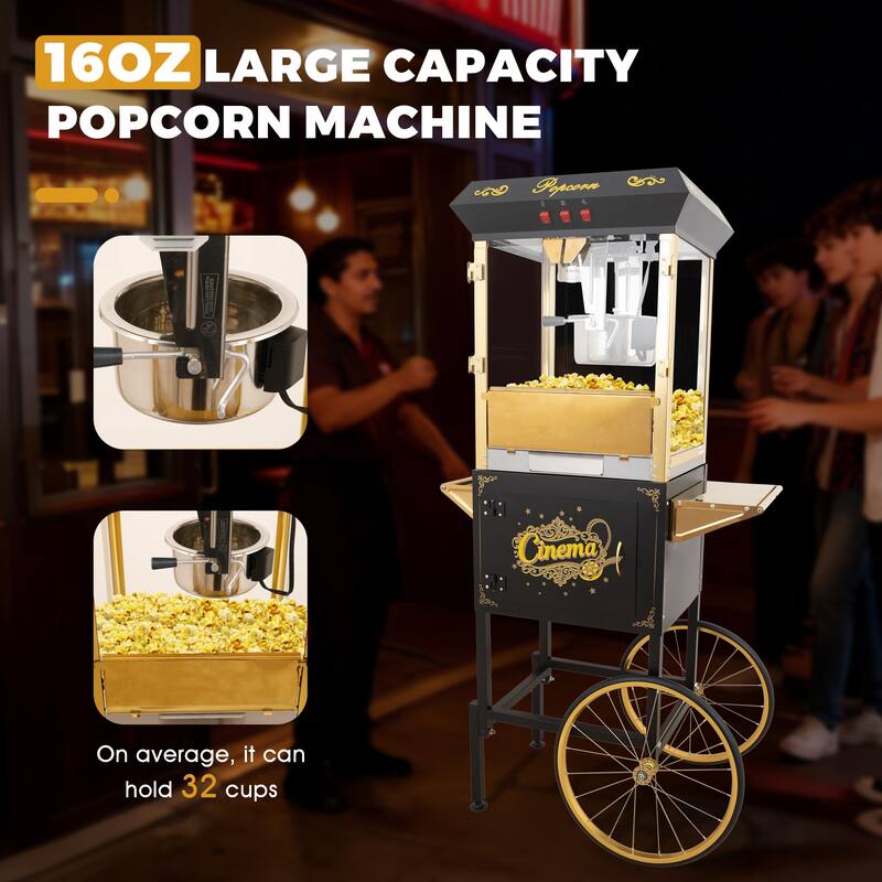 16Oz Commercial Popcorn Machine With Cart and 16 Oz Kettle, Movie Theater Popcorn Machine