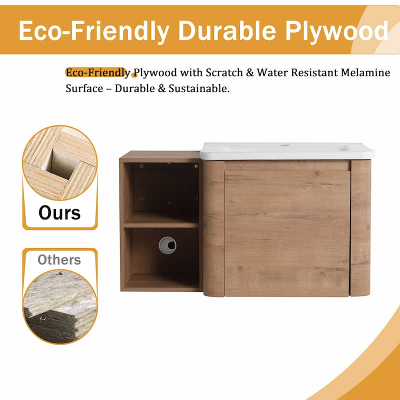 Malwee 24"/36"/48"/60" Floating Bathroom Vanity, Wall Mounted Bathroom Vanity with Ceramic Sink,Soft Close Door and Shelf