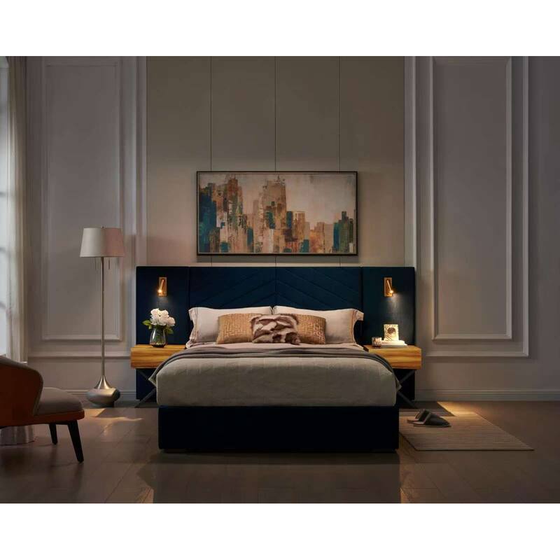 Velvet Upholstered Bed Frame, Wingback Headboard Platform Bed with LED Side Lights & Nightstands, No Box Spring Needed