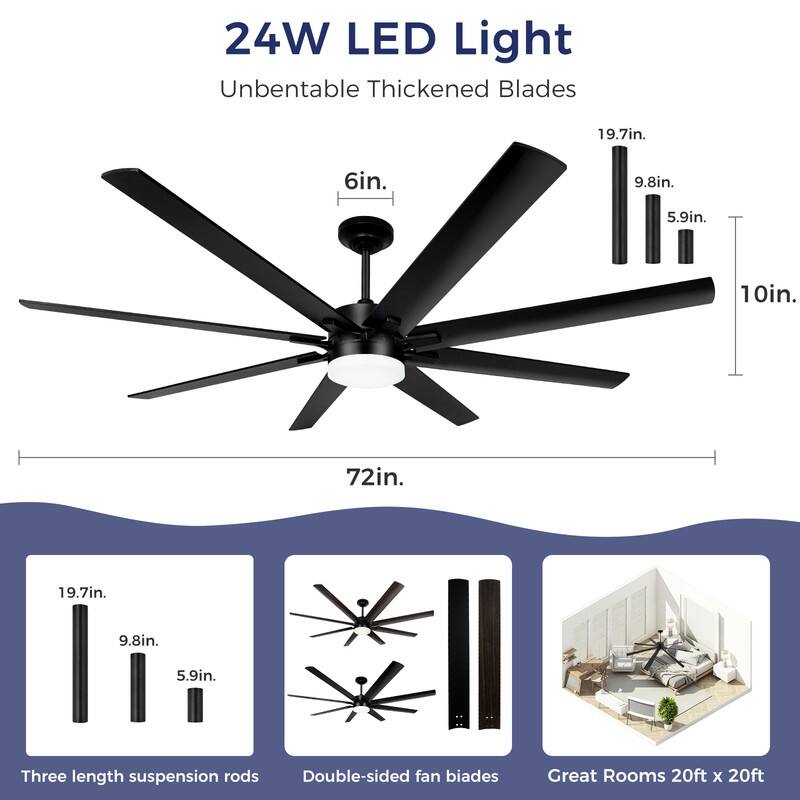 72 in. Indoor Black Large Industrial Ceiling Fans with Lights and Remote Control, Reversible, 8 Aluminum Blades