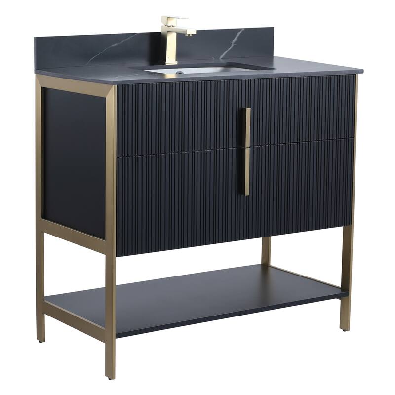Fine Fixtures Serenity Modern Bathroom Vanity with Black Sintered Stone Top - Black Matte - Brass Hardware - 36 inch