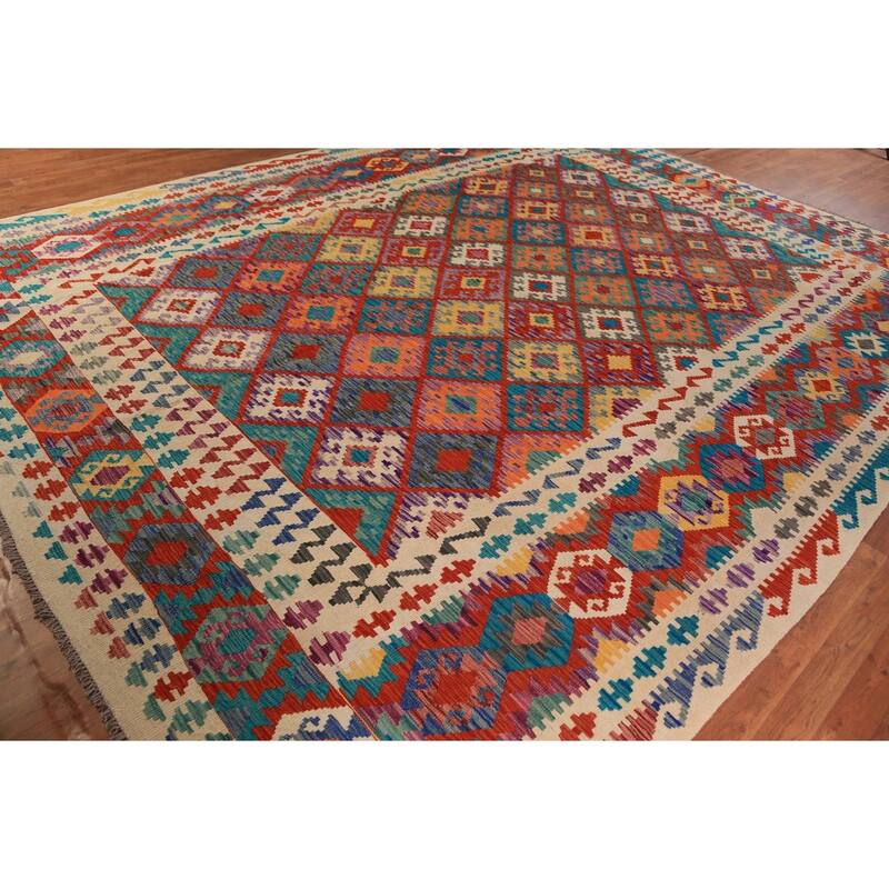 Geometric Trellis Kilim Oriental Area Rug Hand-Woven Wool Carpet - 10'5"x 13'0"
