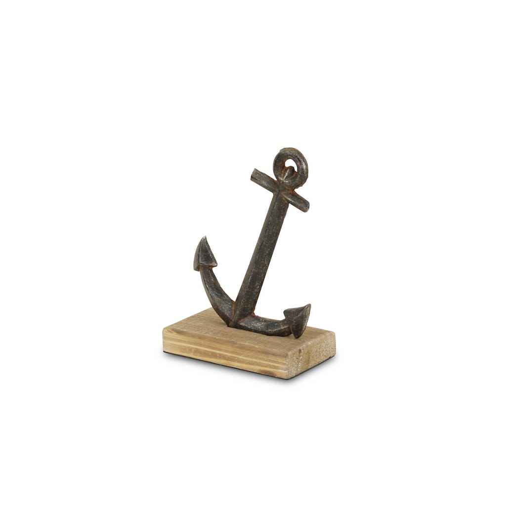 HomeRoots 8" Gray Cast Iron Anchor on a Wood Base Sculpture - 8" H x 6" W x 3.25" D