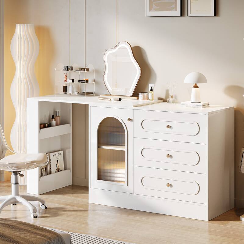 360° Rotatable Vanity Desk with 3 Drawers, Modern White Corner Vanity