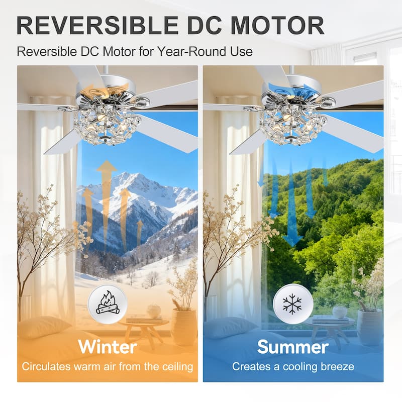 52" Chrome Crystal Ceiling Fan with Lights, Remote Control, Reversible DC Motor, 6-Speed Indoor Ceiling Fan with 5 Silver Blades