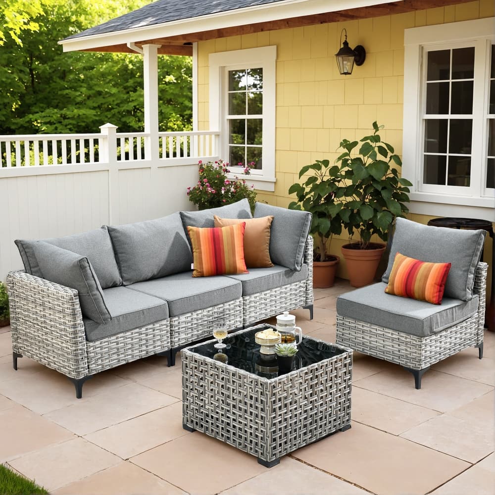 OVIOS 5 Pieces Outdoor Wicker Furniture Set With Solar-Powered Coffee Table