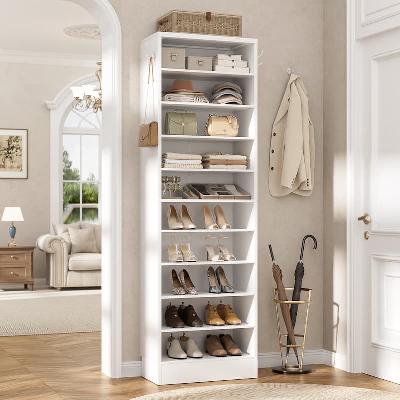 Freestanding 10-Tier Shoe Storage Cabinet,Narrow Wood Shoe Rack Shoe Organizer,Sturdy Closet Organizer Open Display Cabinet - Set of 1(17.7'' W) - White