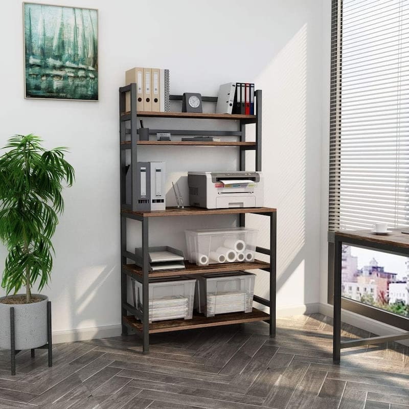5-Tier Kitchen Bakers Rack with Hutch,32 Inches Microwave Oven Stand with Shelves Free Standing Storage Organizer with Hooks - Black