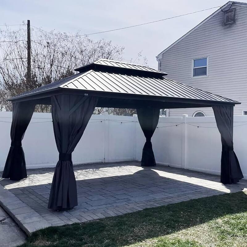 PURPLE LEAF Outdoor Galvanized Steel Hardtop Gazebo, Aluminum Frame Gazebo With Curtains - 12' x 16' - Gazebos