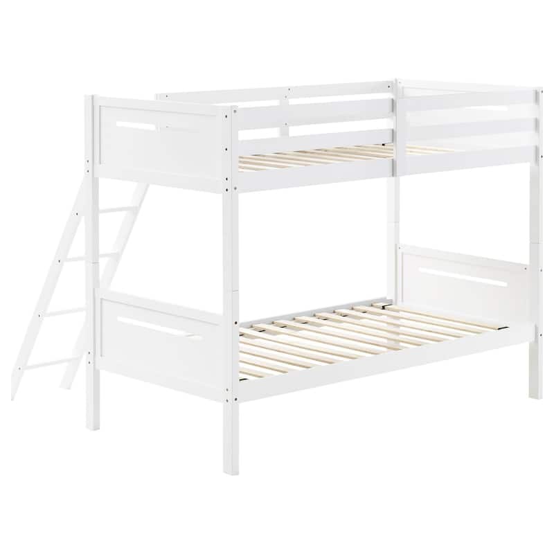 Modern White Twin/Twin Bunk Bed with Built-in Ladder and Safety Guardrails