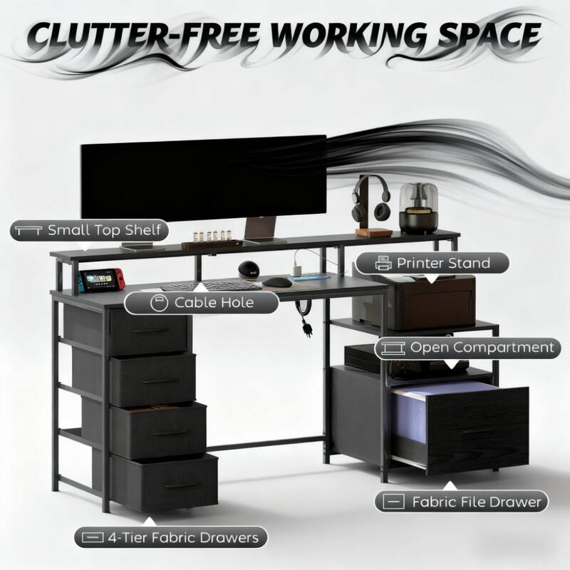 Computer Desk with File Cabinet and Fabric Drawers, Office Desk with Charging Station LED Lights and Monitor Stand