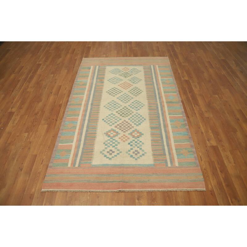Hand Woven Oriental 100% Wool Carpet Southwestern Modern Beige & Ivories Kilim Area Rug - 6' 5'' X 4' 1''