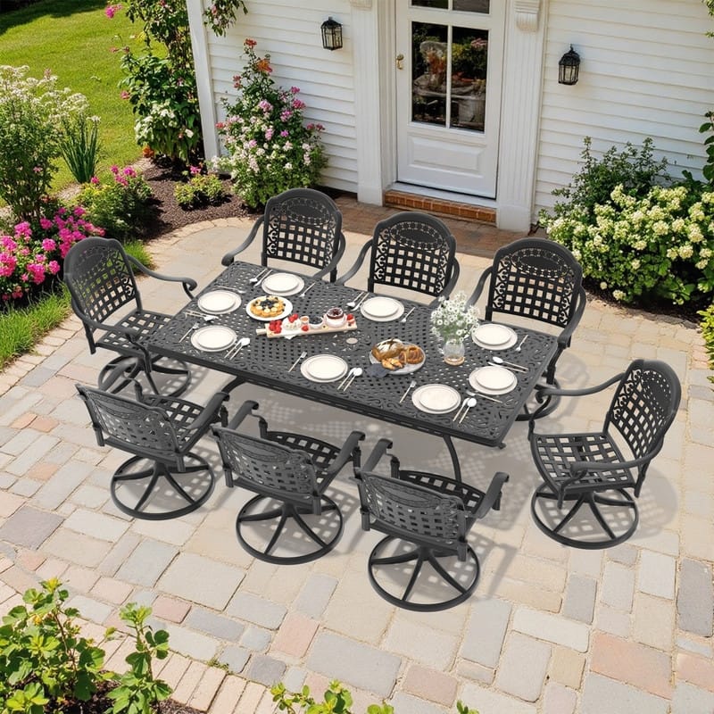 9-Piece Aluminum Rectangular Outdoor Patio Dining Set, 8 Cushioned Swivel Chairs, Table, All-Weather Frames