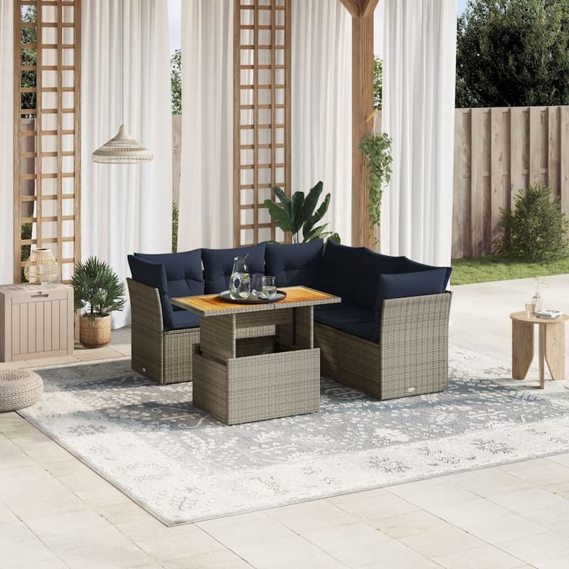 vidaXL 5 Piece Patio Sofa Set with Cushions Gray Poly Rattan - 24.4" x 24.4" x 27.2" - Gray middle + 3x corner + Table