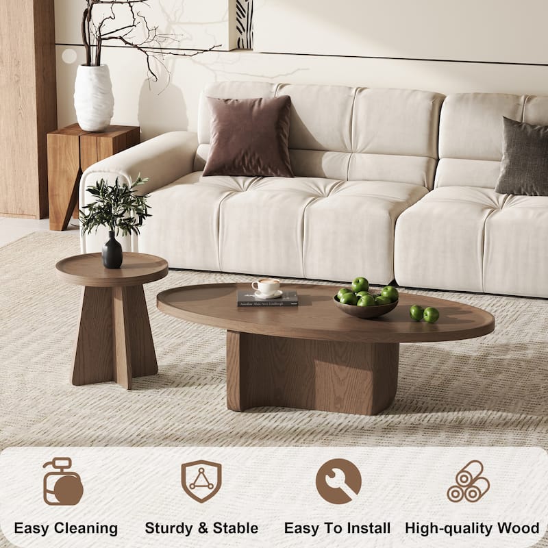 Mid Century Round Brown Solid Wood Coffee Table Set of 2, Solid wood Veneer