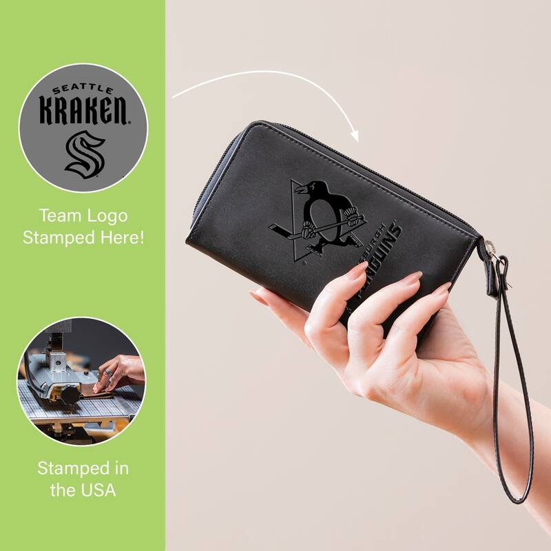 Black Hybrid Leather Cell Phone Wristlet Wallet, Seattle Kraken - 4" x 7"