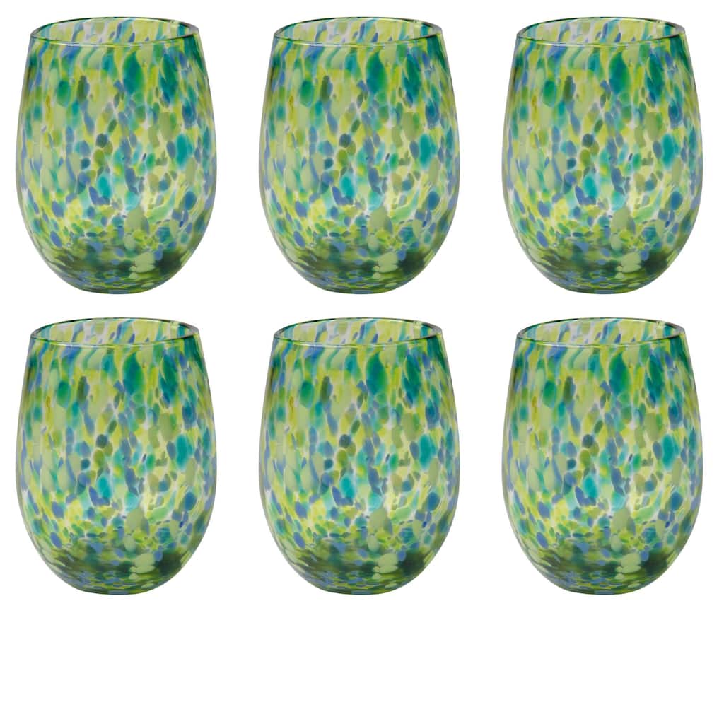 16 oz. Confetti Glass Stemless Wine Drinkware Green And Blue Dishwasher Safe Beverage Glassware Set of 6