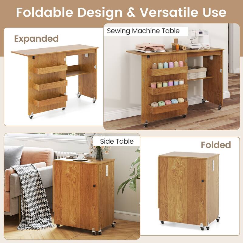 Costway Folding Sewing Table Rolling Craft Station with 3 Storage Bins - See Details