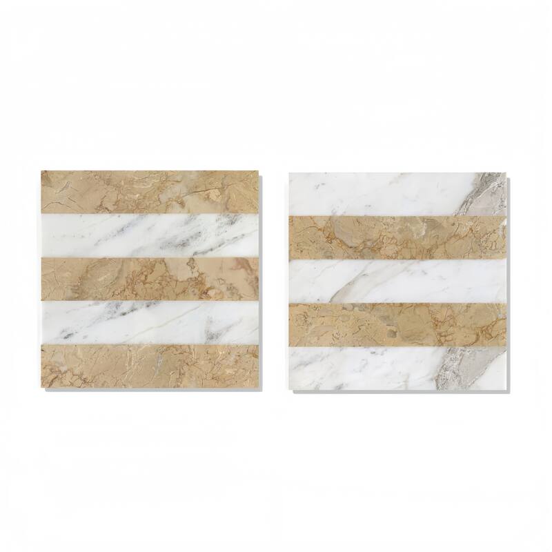 12"×12" Waterjet Polished Natural Stone Marble Tiles for Floor and Wall, 1 Box Each Pattern 4 PCS - Gold/White