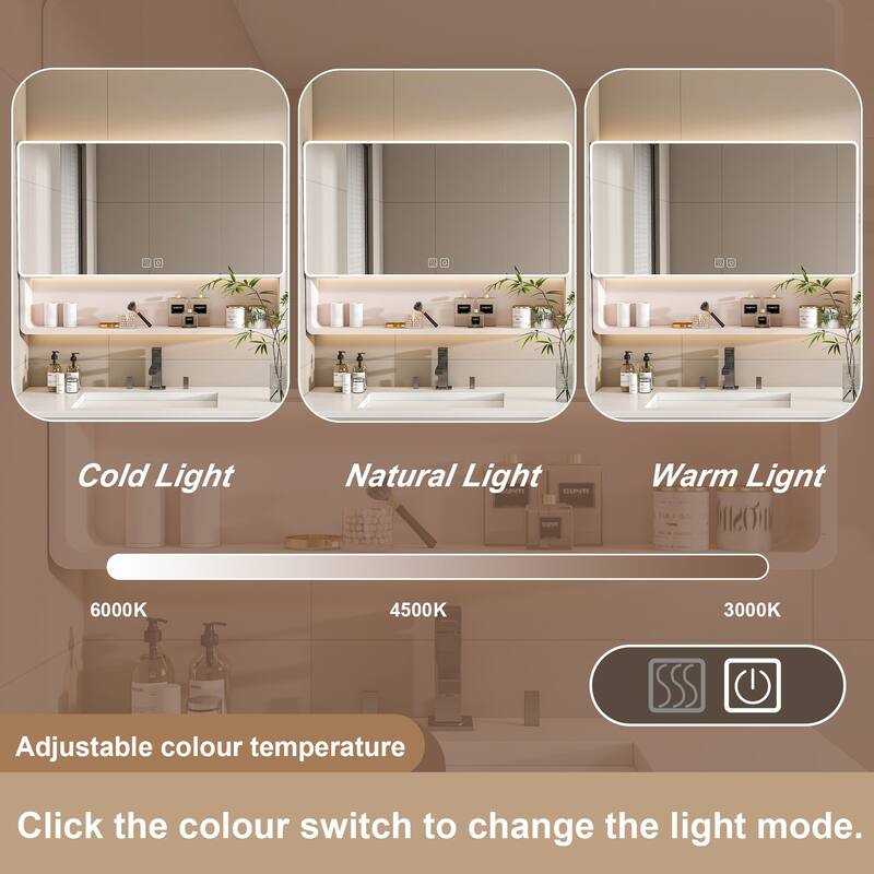 Medicine Cabinet Mirror with LED Light, Defogging Function, Cosmetic Storage Rack, and Hair Dryer Holder for Bathroom