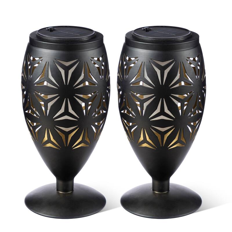 Glitzhome 8.75"H Set of 2 Black Metal Cutout Geometric Pattern Solar Powered Outdoor Lantern with LED Light
