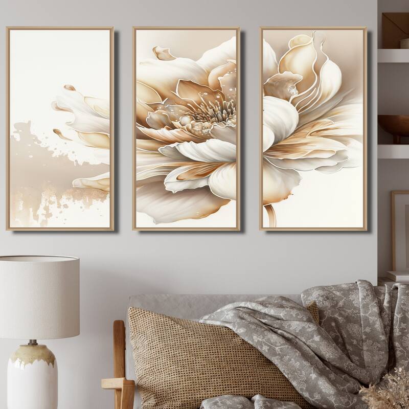 Designart "Blooming Beige Floral Design I" Floral Framed Canvas Art Print - 3 Panels
