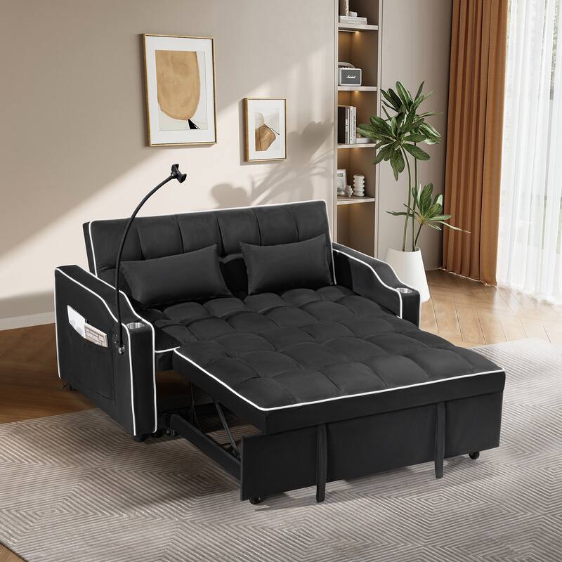 Modern Multifunctional Foldable Sofa Bed with Adjustable Backrest, Upgraded Suede Fabric, USB Port, Ashtray - 55" * 35" * 30" - Black