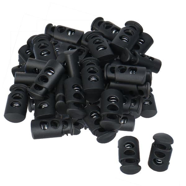 50pcs Spring Cord Lock Cord End Fastener Double Holes Toggle Stoppers Sliders - Black - 50pcs