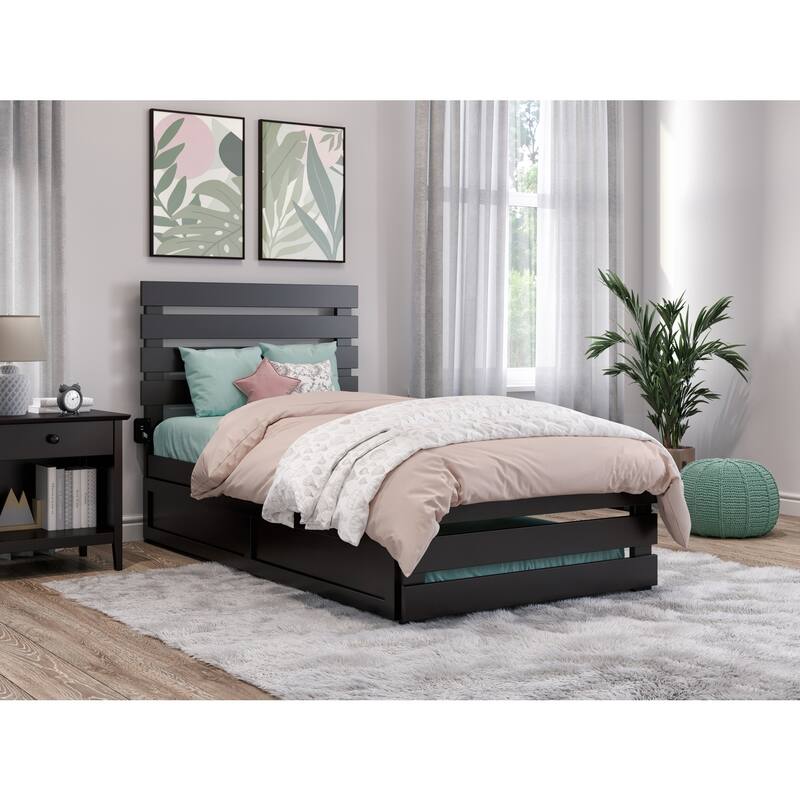 Twin Bed with Trundle - Espresso Finish, Modern Farmhouse Style, Solid Wood Frame, Easy Assembly