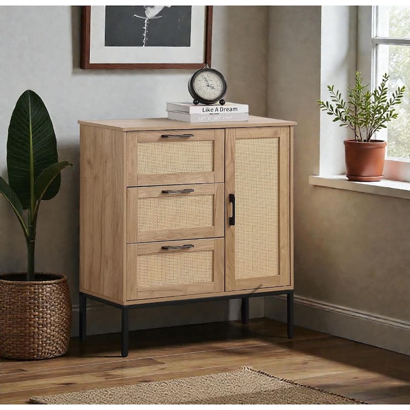 Mid-Century Storage Cabinet with 3 Drawers and Rattan Doors, Adjustable Shelves, Solid Wood Legs for Living or Dining Room