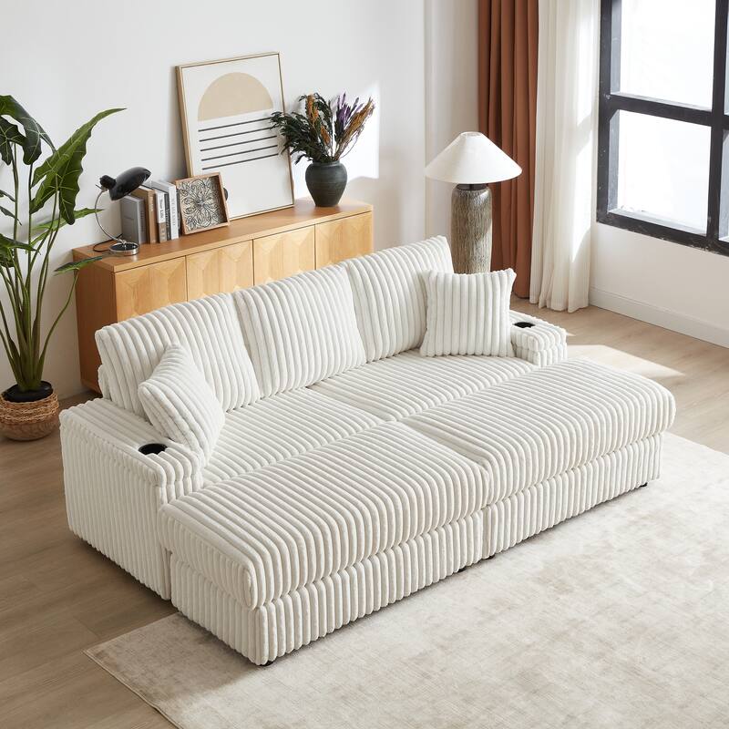 Deep Seat Sectional Loveseat Set with 2 Ottoman and 2 Pillows, Corduroy Chaise Lounge Bed with 2 Storage Spaces and Cupholding - Beige