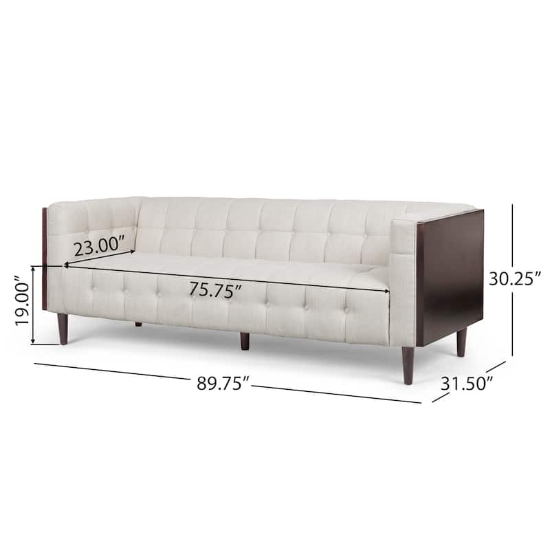 Roomfitters Mid-Century 3-Seater Sofa, Upholstered Tufted Couch for Living Room, Modern Wood-Accent Design, Beige