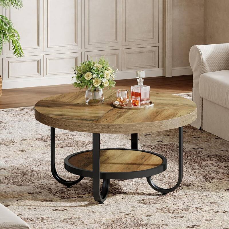 Round Coffee Table for Living Room, 2-Tier Center Table