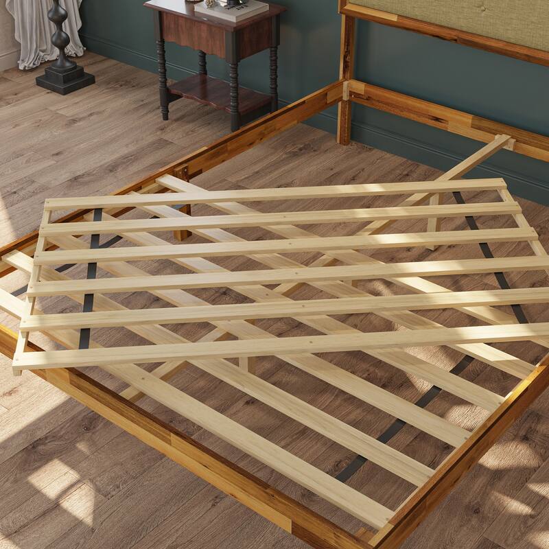 Acacia Wood Platform Bed Frame with Upholstered Headboard - Solid Wood Construction