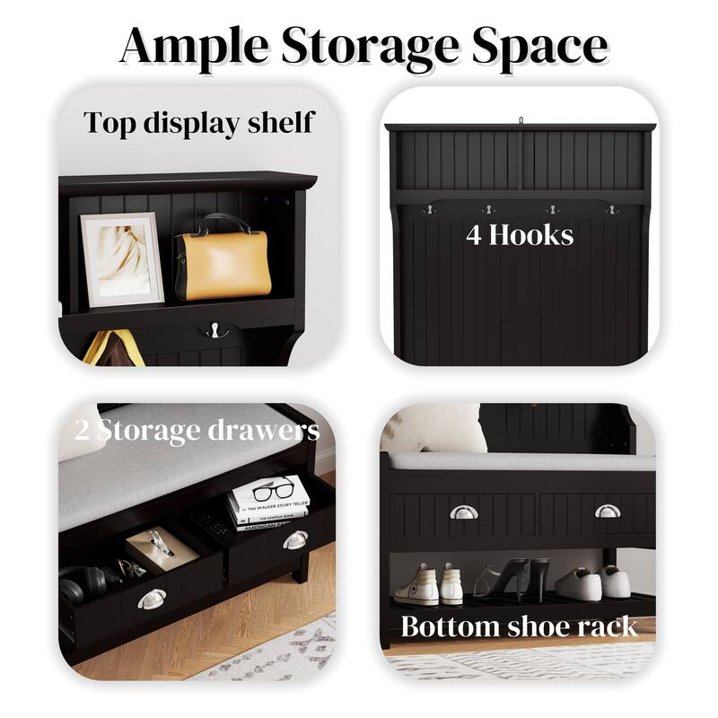 3-in-1 Hallway Hall Tree with 2 Storage Drawer and 4 Coat Rack, Wooden Entryway Shoe Rack Bench with Padded Seat Cushion