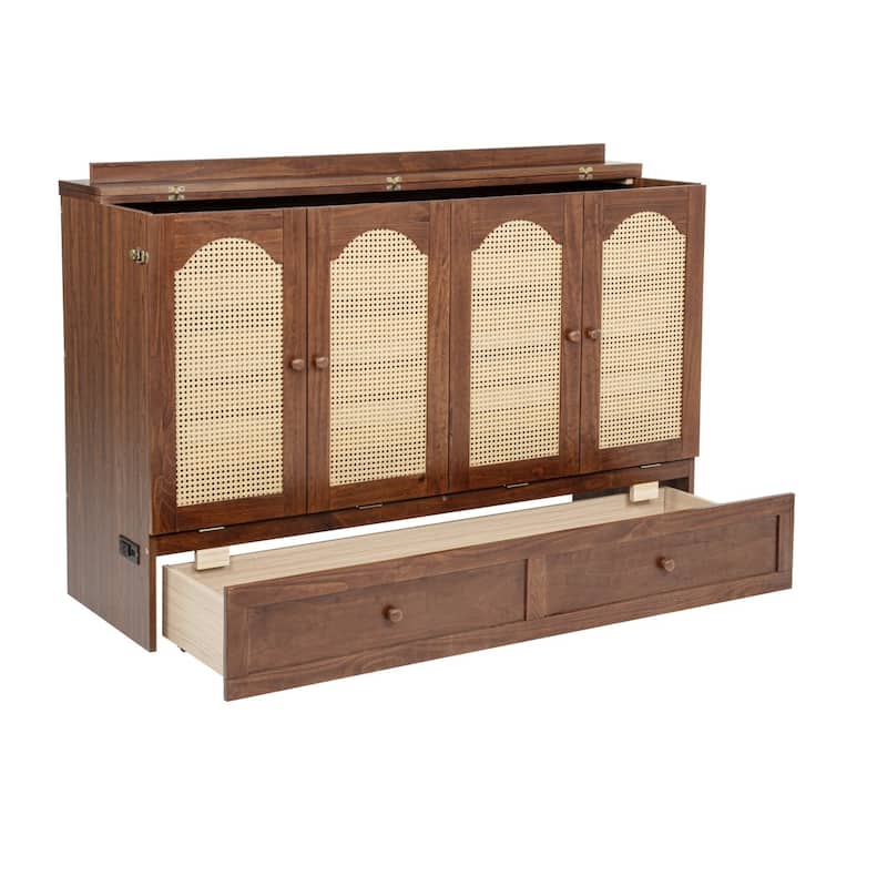 Queen Size Wood Murphy Bed with Power Station,Rattan Decoration Panel and Drawer