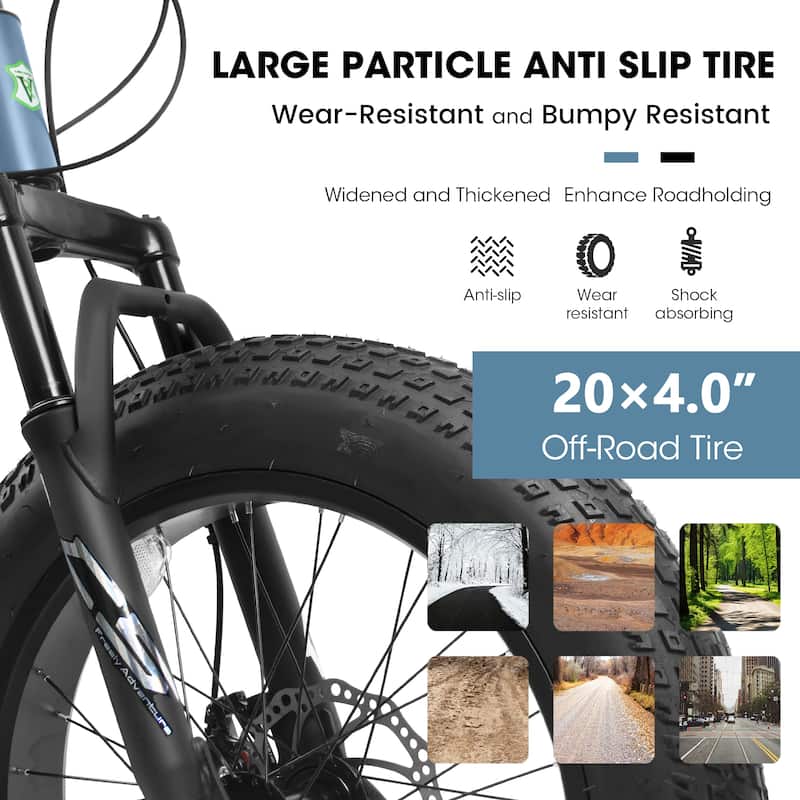 20 Inch Fat Tire Mountain Bike with Dual Disc, High Carbon Steel Shock Absorbing Frame for Mountain and City
