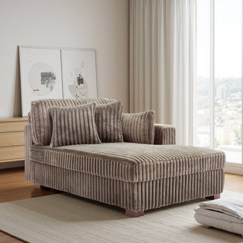 42" W Plush Corduroy Upholstered Chaise Lounge Sleeper for Living - Chaise&2 Pillows-Right Facing - Light Brown