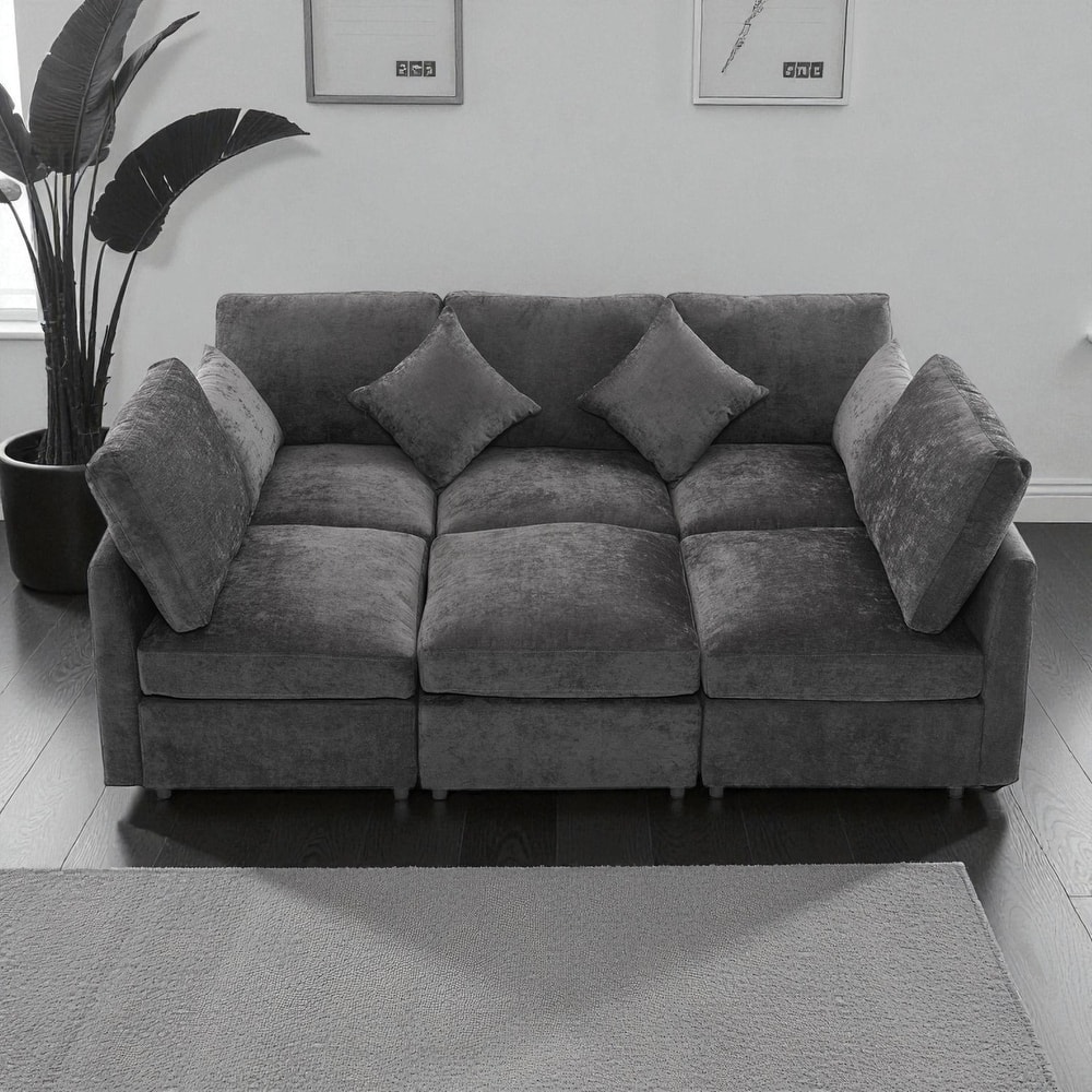 86.6" Modular Sectional Sofa with Ottoman and USB Ports, U-Shaped L-Shape Couch Bed with Chenille Fabric for Living Room